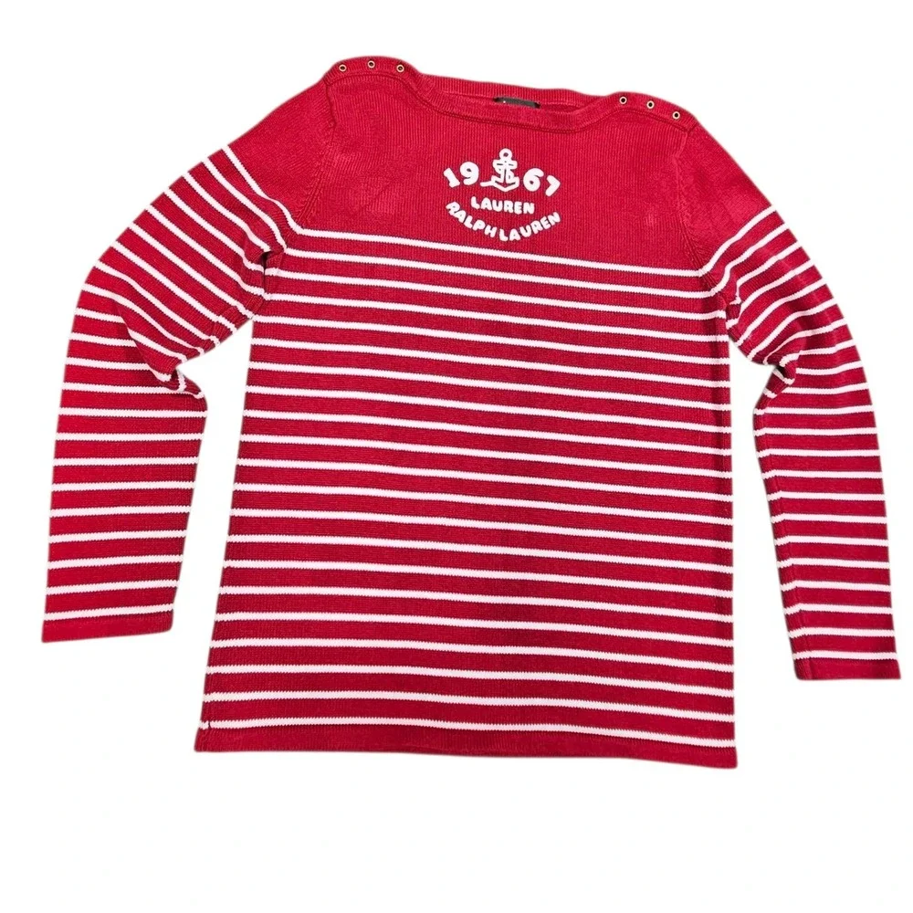 Lauren Ralph Lauren Vintage 90s 1967 Anchor Stripe Knit Top Nautical Red White S